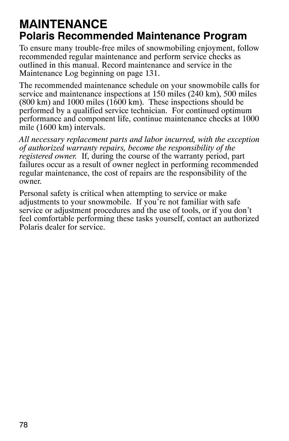 Maintenance, Polaris recommended maintenance program | Polaris 900 SwitchBack User Manual | Page 81 / 137