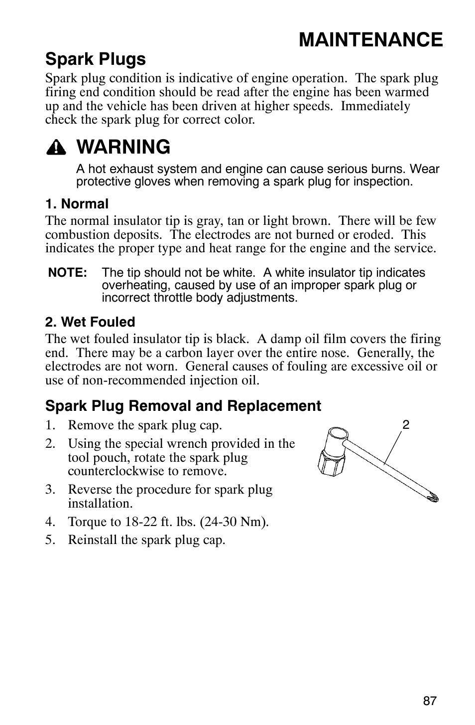 Maintenance, Warning, Spark plugs | Polaris 900 SwitchBack User Manual | Page 90 / 137