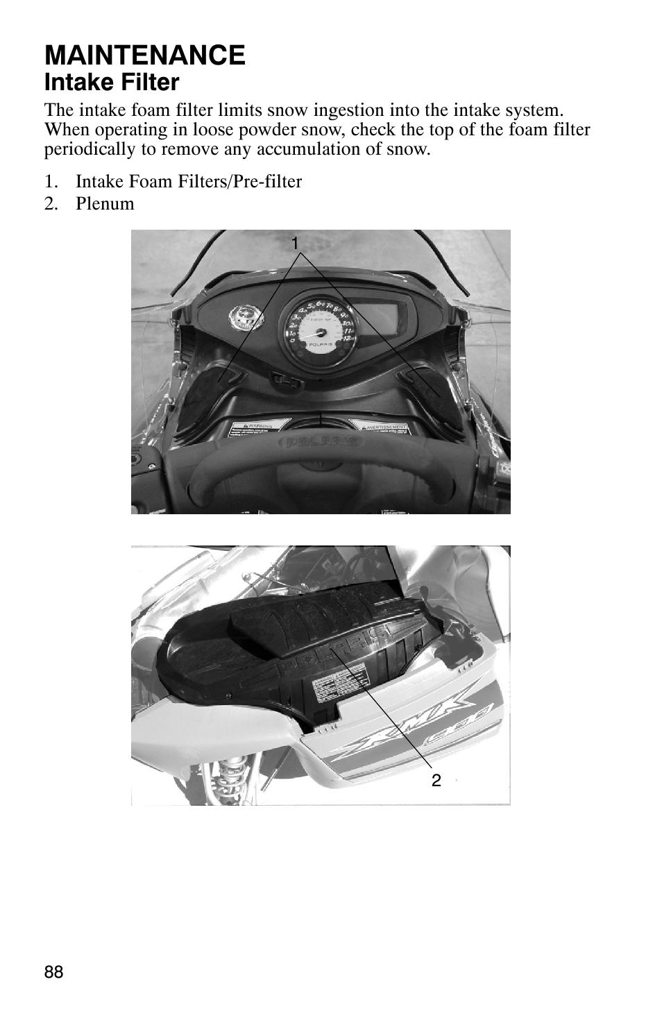 Maintenance, Intake filter | Polaris 900 SwitchBack User Manual | Page 91 / 137