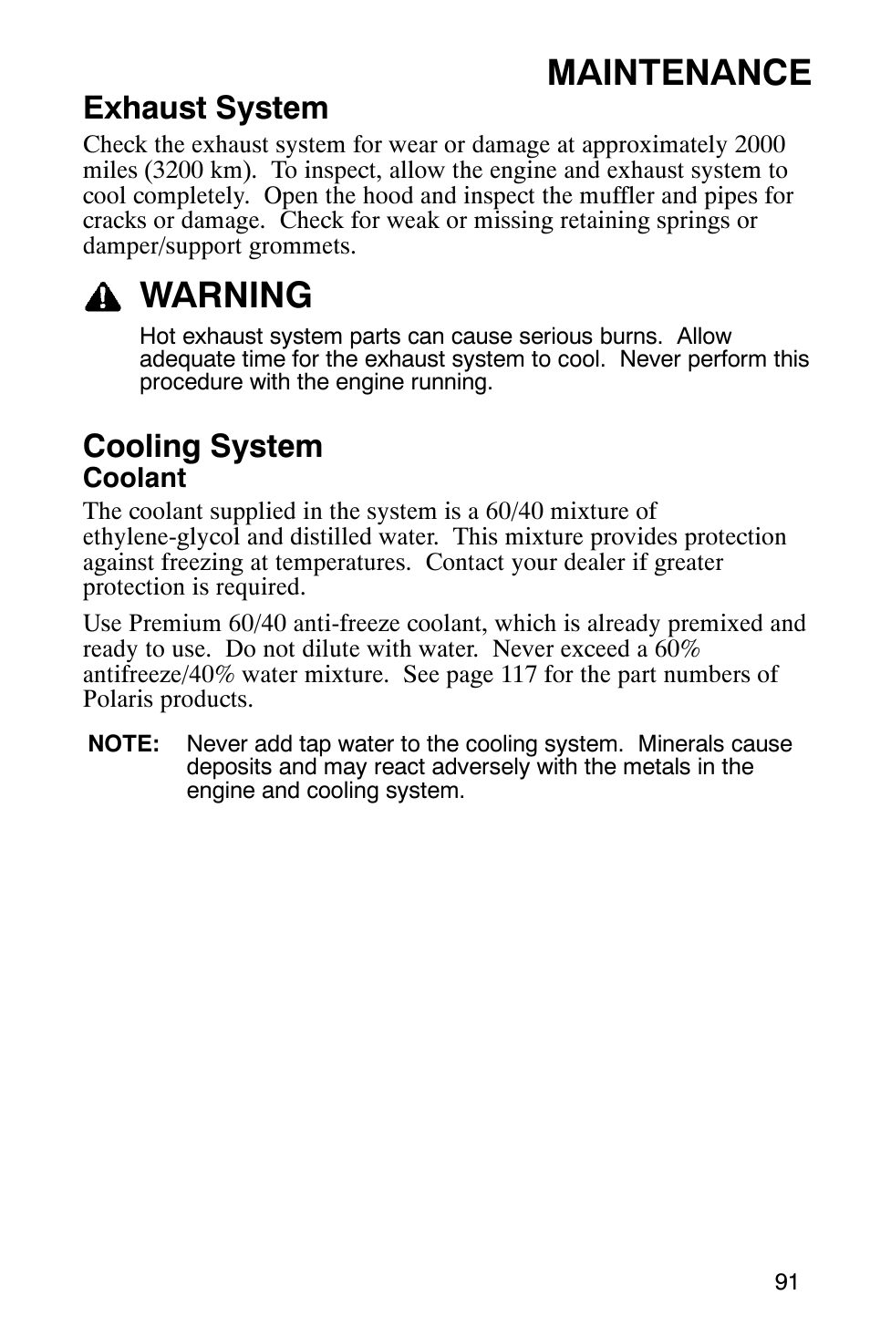 Maintenance, Warning, Exhaust system | Cooling system | Polaris 900 SwitchBack User Manual | Page 94 / 137
