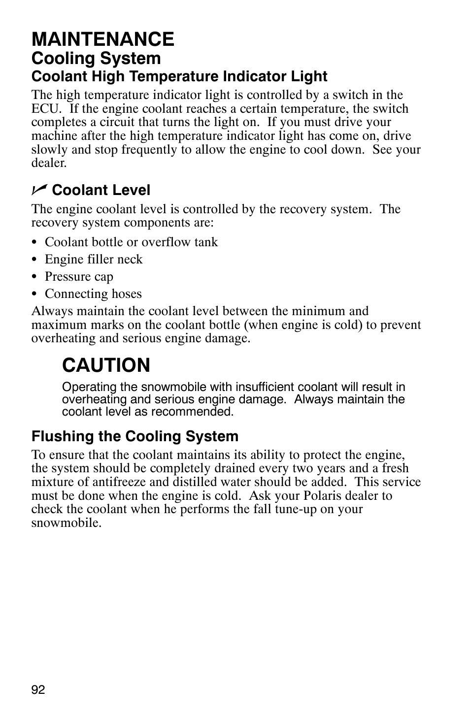Maintenance, Caution, Cooling system | Polaris 900 SwitchBack User Manual | Page 95 / 137