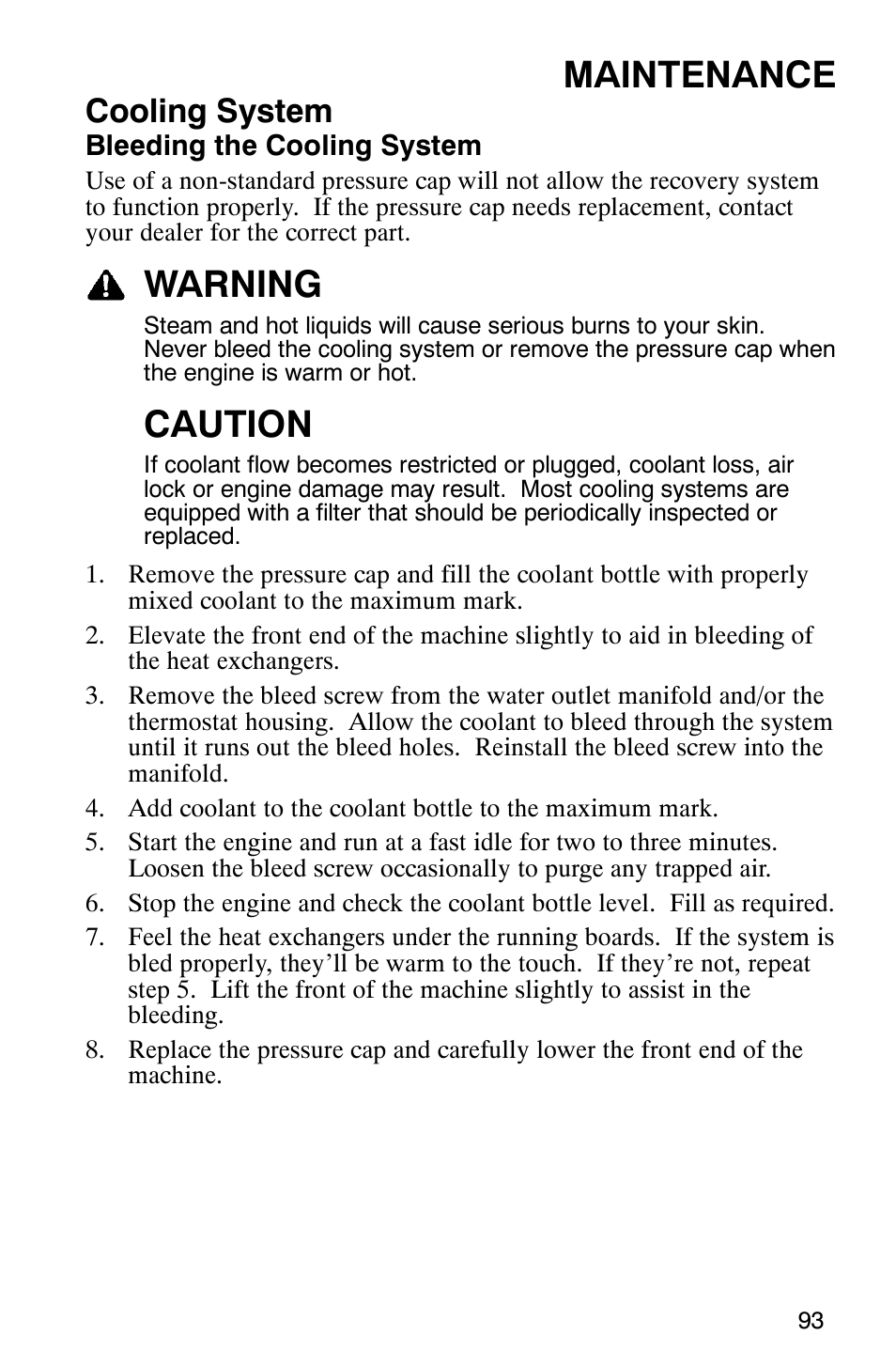 Maintenance, Warning, Caution | Cooling system | Polaris 900 SwitchBack User Manual | Page 96 / 137
