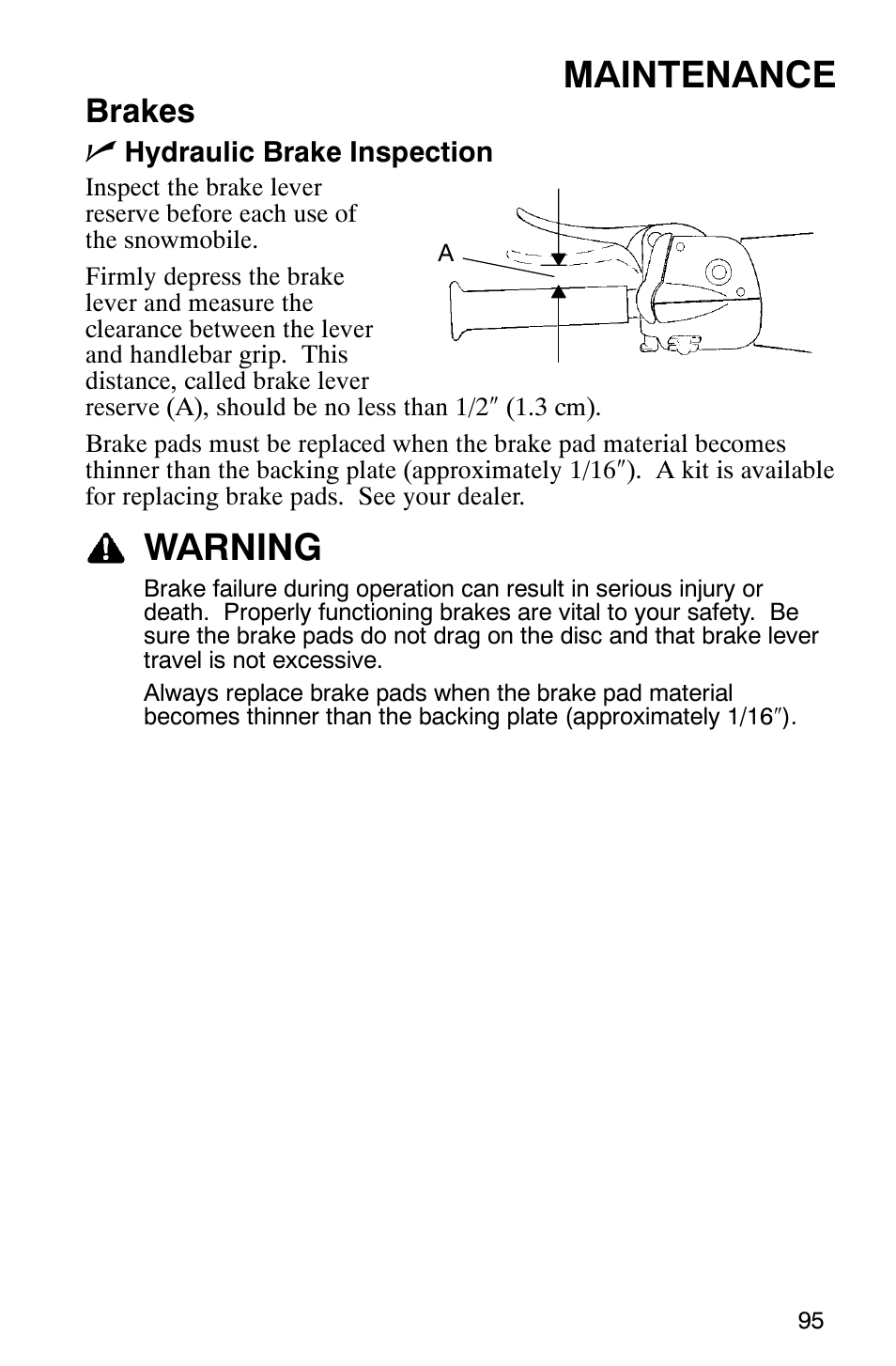 Maintenance, Warning, Brakes n | Polaris 900 SwitchBack User Manual | Page 98 / 137