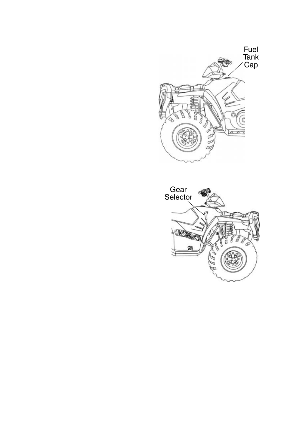 Features and controls, Fuel tank cap, Fuel filter | Automatic transmission gear selector | Polaris Sportsman 9921828 User Manual | Page 36 / 136