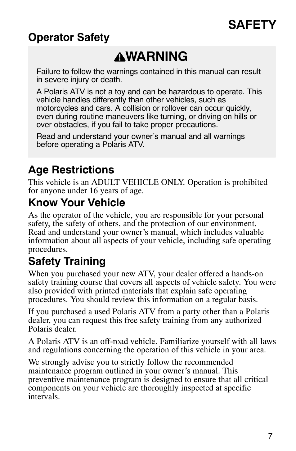 Warning, Safety, Operator safety age restrictions | Know your vehicle, Safety training | Polaris ATP 500 4x4 User Manual | Page 10 / 141