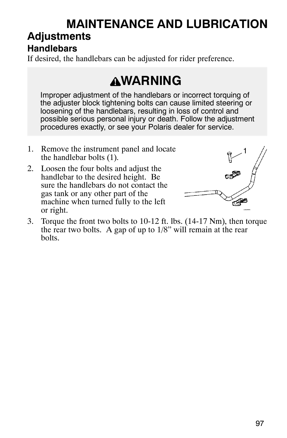 Warning, Maintenance and lubrication, Adjustments | Polaris ATP 500 4x4 User Manual | Page 100 / 141