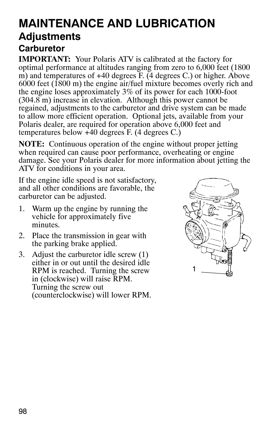 Maintenance and lubrication, Adjustments | Polaris ATP 500 4x4 User Manual | Page 101 / 141