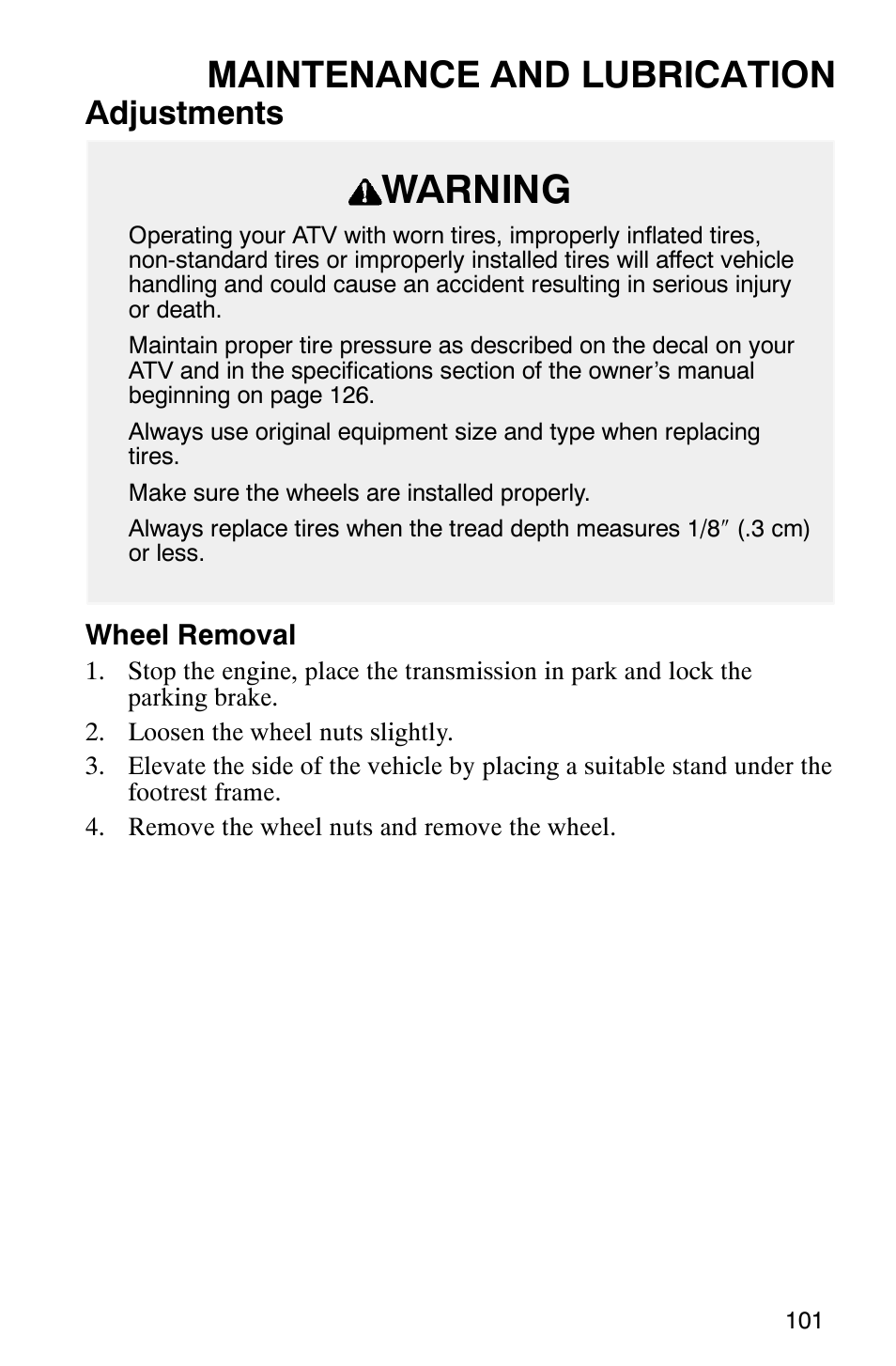 Warning, Maintenance and lubrication, Adjustments | Polaris ATP 500 4x4 User Manual | Page 104 / 141