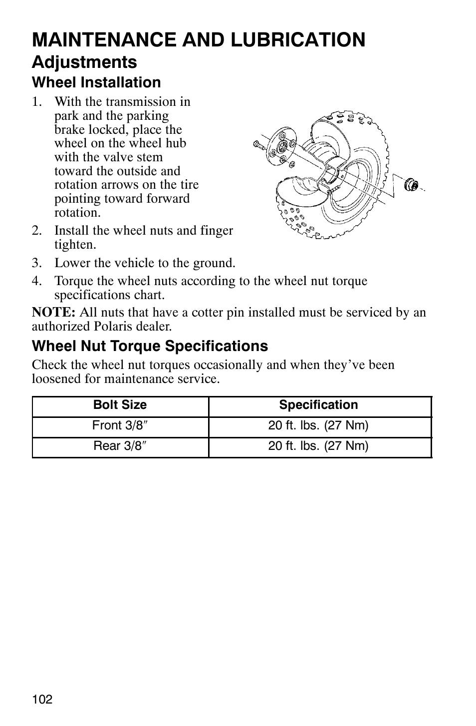 Maintenance and lubrication, Adjustments | Polaris ATP 500 4x4 User Manual | Page 105 / 141
