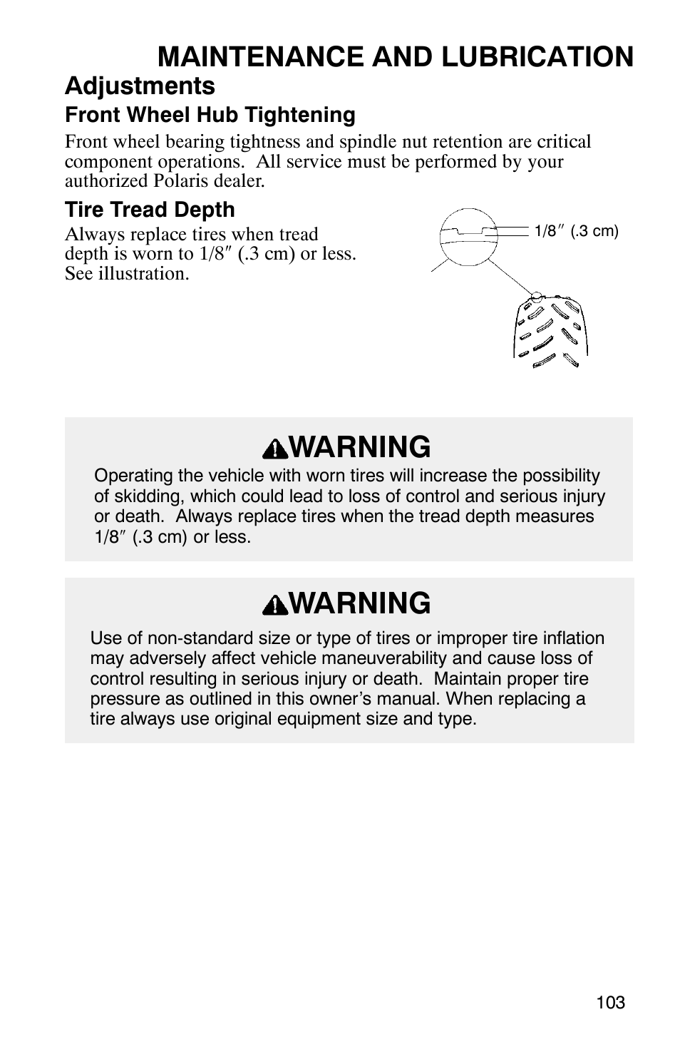 Warning, Maintenance and lubrication, Adjustments | Polaris ATP 500 4x4 User Manual | Page 106 / 141