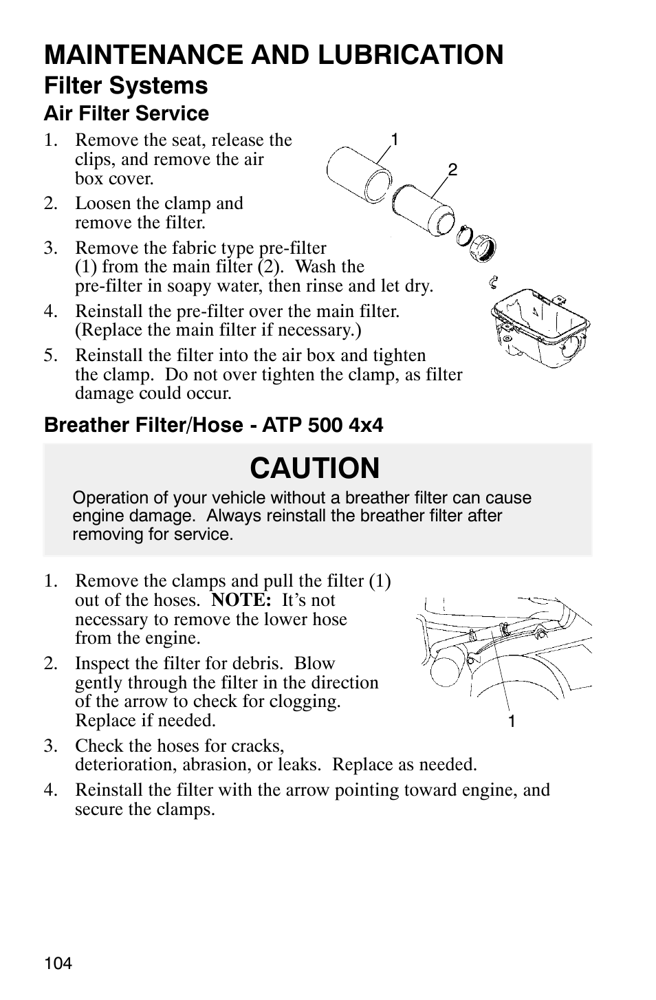 Caution, Maintenance and lubrication, Filter systems | Polaris ATP 500 4x4 User Manual | Page 107 / 141