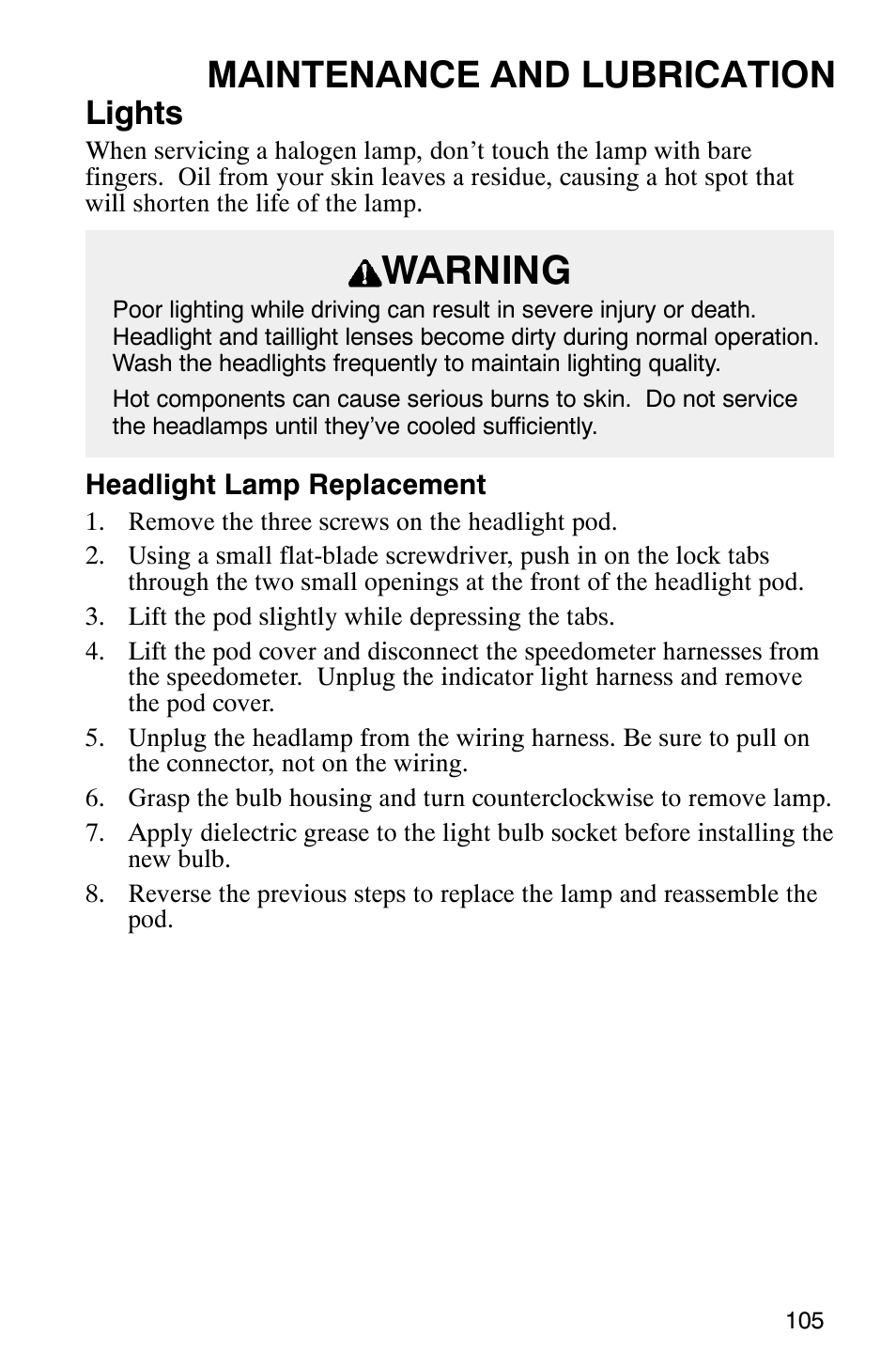 Warning, Maintenance and lubrication, Lights | Polaris ATP 500 4x4 User Manual | Page 108 / 141