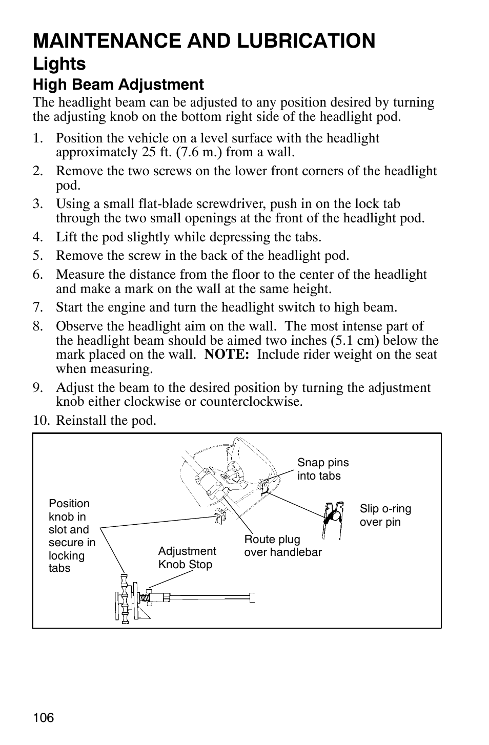 Maintenance and lubrication, Lights, High beam adjustment | Polaris ATP 500 4x4 User Manual | Page 109 / 141