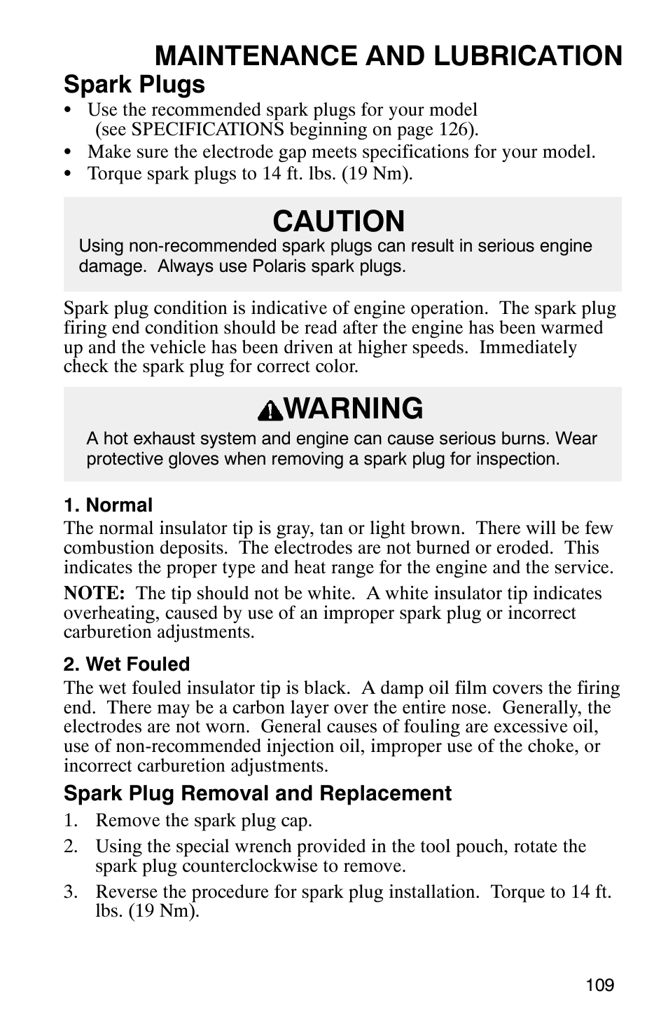 Caution warning, Maintenance and lubrication, Spark plugs | Polaris ATP 500 4x4 User Manual | Page 112 / 141