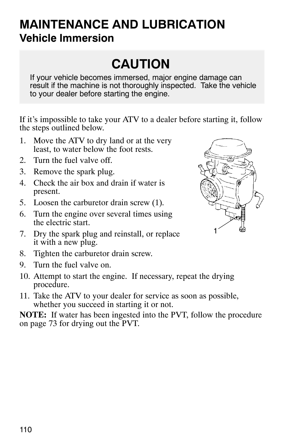 Caution, Maintenance and lubrication, Vehicle immersion | Polaris ATP 500 4x4 User Manual | Page 113 / 141