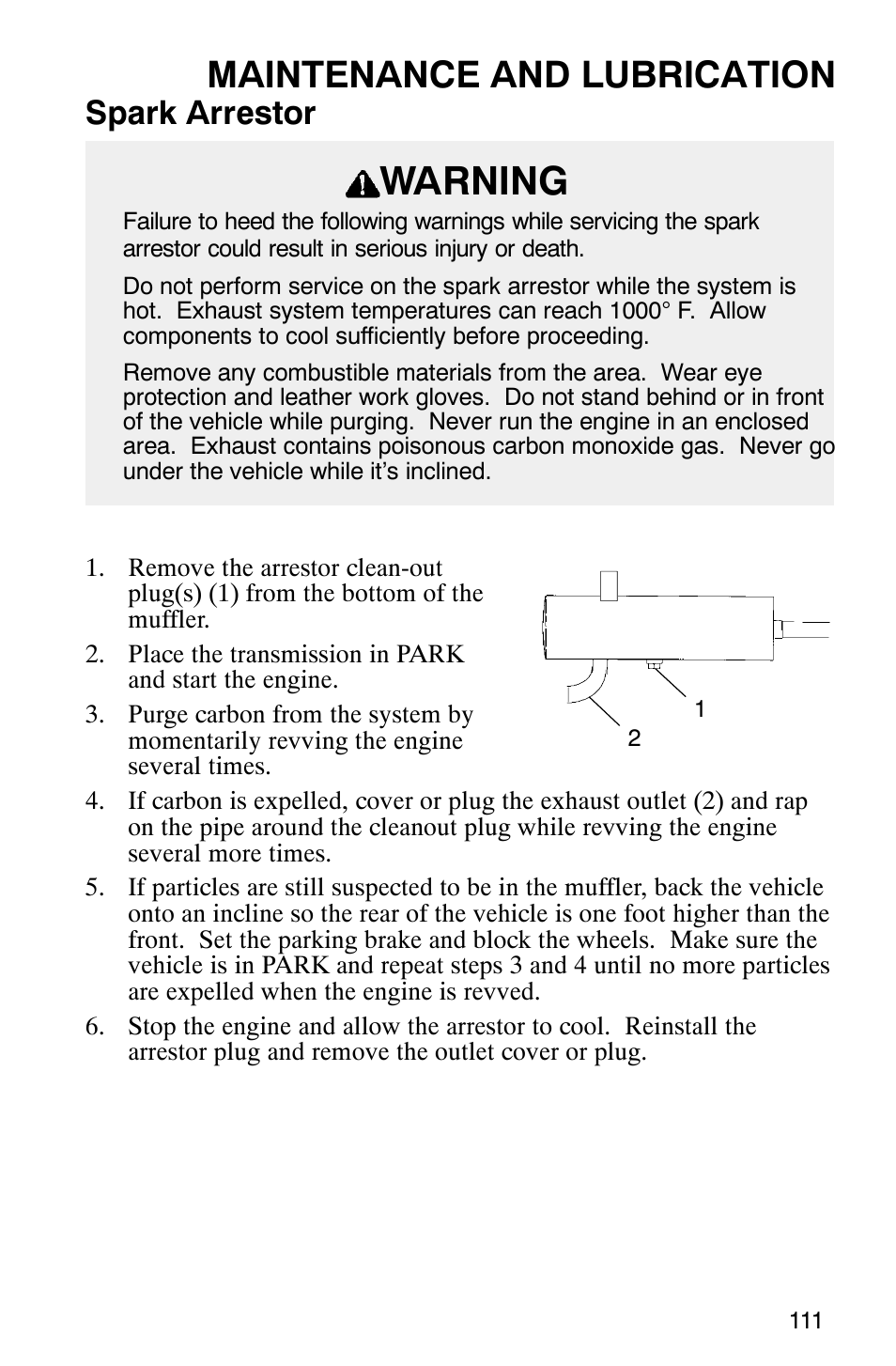 Warning, Maintenance and lubrication, Spark arrestor | Polaris ATP 500 4x4 User Manual | Page 114 / 141