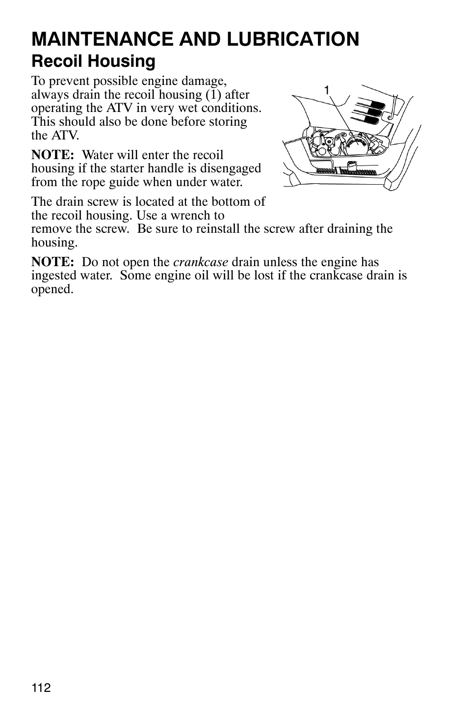 Maintenance and lubrication, Recoil housing | Polaris ATP 500 4x4 User Manual | Page 115 / 141