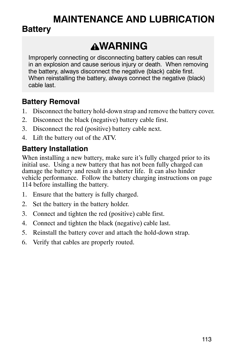 Warning, Maintenance and lubrication, Battery | Polaris ATP 500 4x4 User Manual | Page 116 / 141