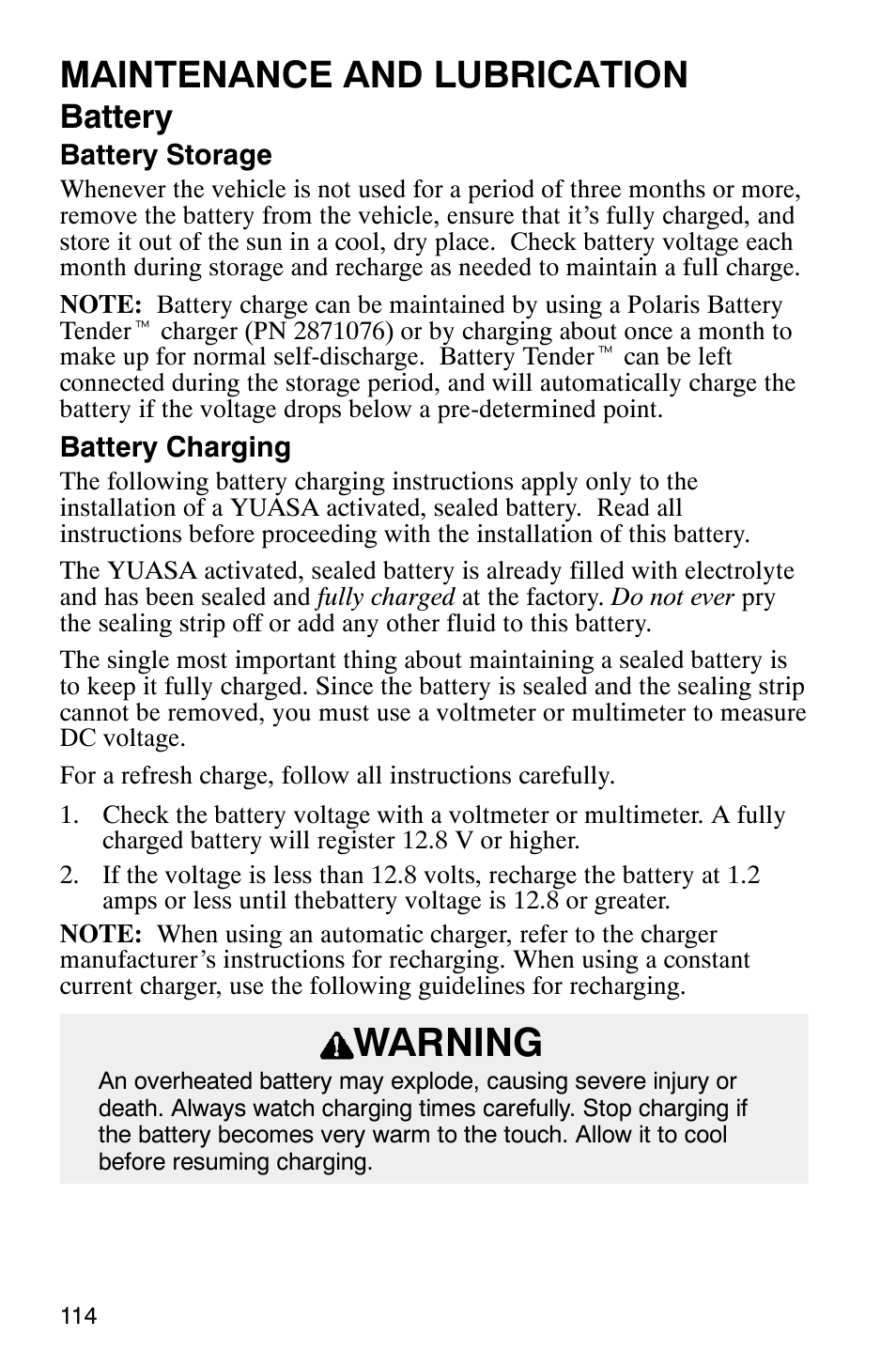 Warning, Maintenance and lubrication, Battery | Polaris ATP 500 4x4 User Manual | Page 117 / 141