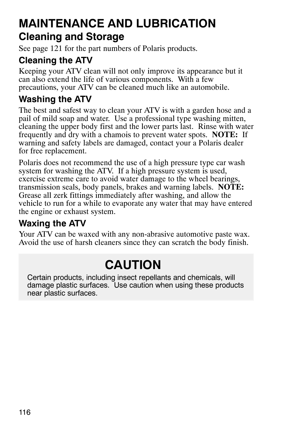 Caution, Maintenance and lubrication, Cleaning and storage | Polaris ATP 500 4x4 User Manual | Page 119 / 141