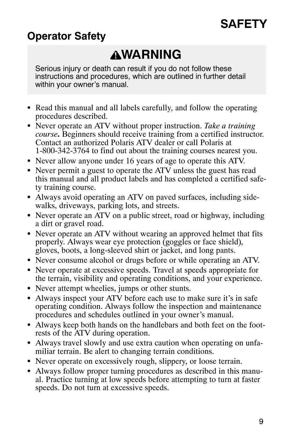 Warning, Safety, Operator safety | Polaris ATP 500 4x4 User Manual | Page 12 / 141