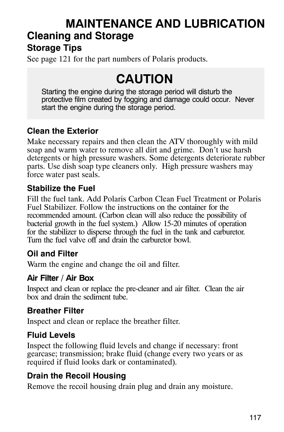 Caution, Maintenance and lubrication, Cleaning and storage | Polaris ATP 500 4x4 User Manual | Page 120 / 141