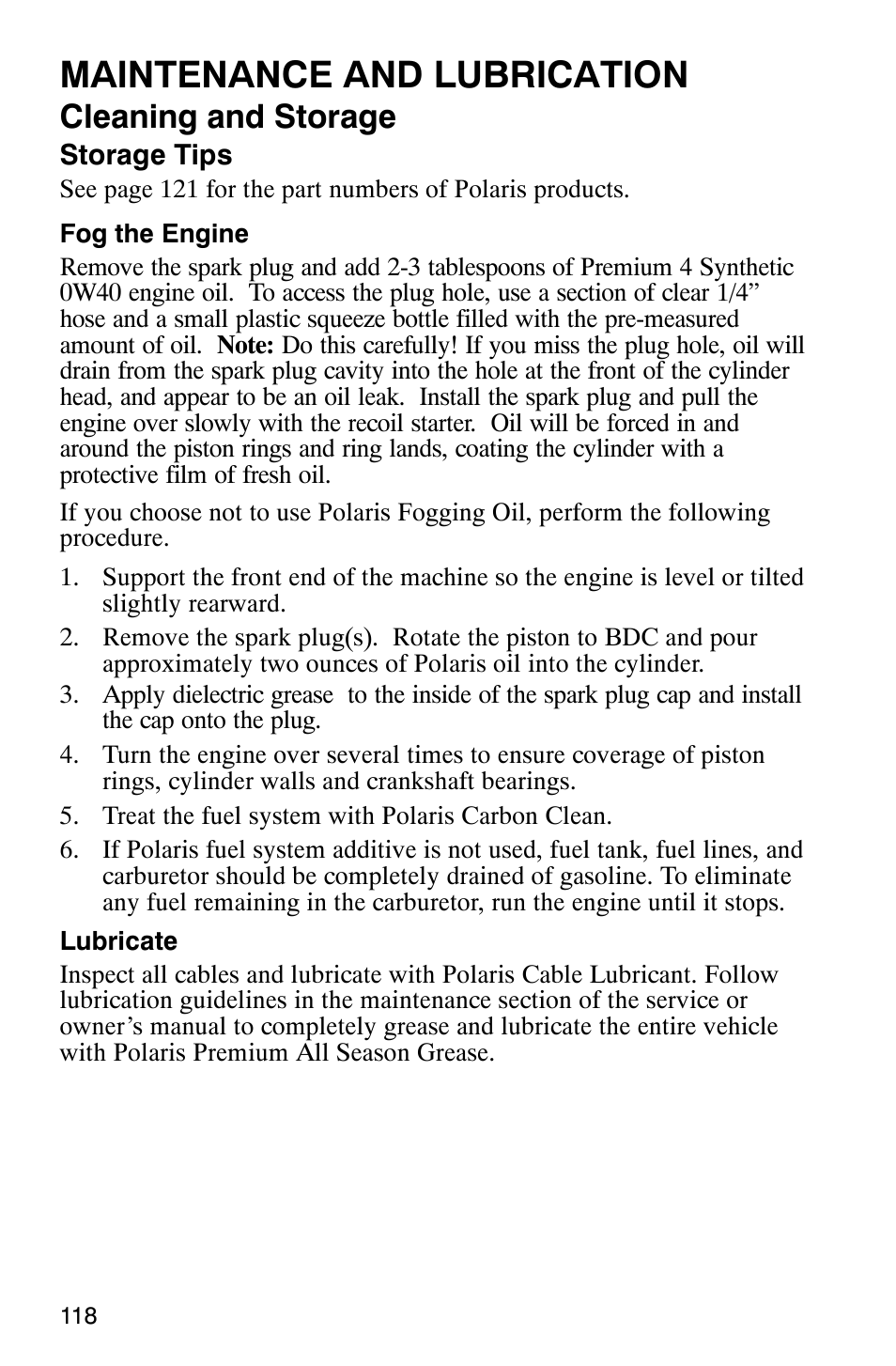 Maintenance and lubrication, Cleaning and storage | Polaris ATP 500 4x4 User Manual | Page 121 / 141