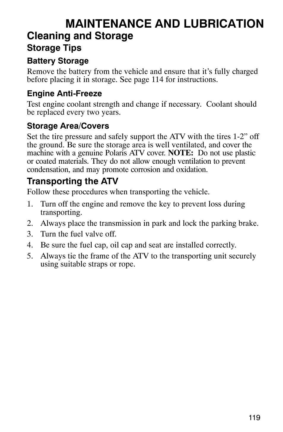 Maintenance and lubrication, Cleaning and storage | Polaris ATP 500 4x4 User Manual | Page 122 / 141