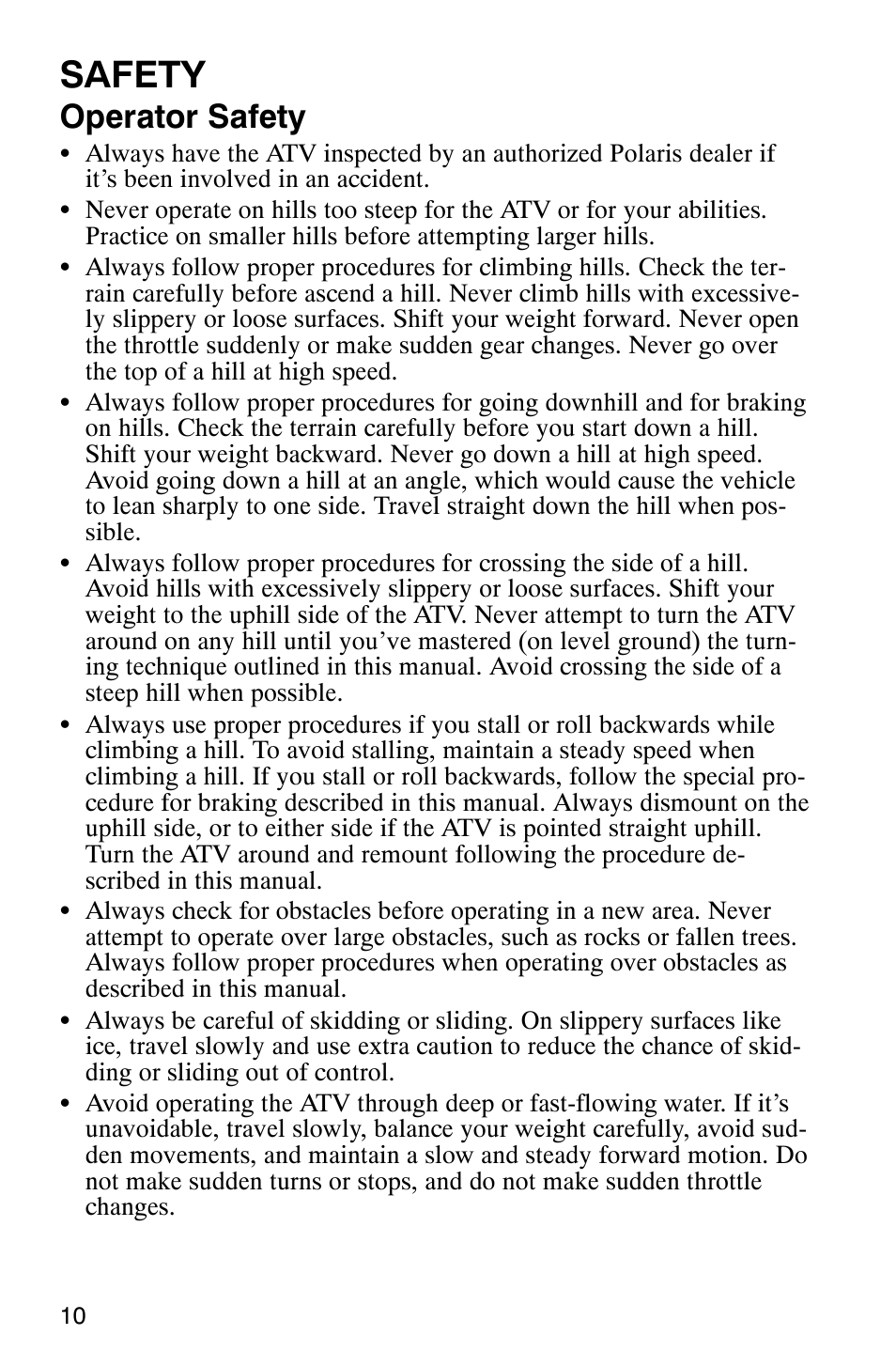 Safety, Operator safety | Polaris ATP 500 4x4 User Manual | Page 13 / 141