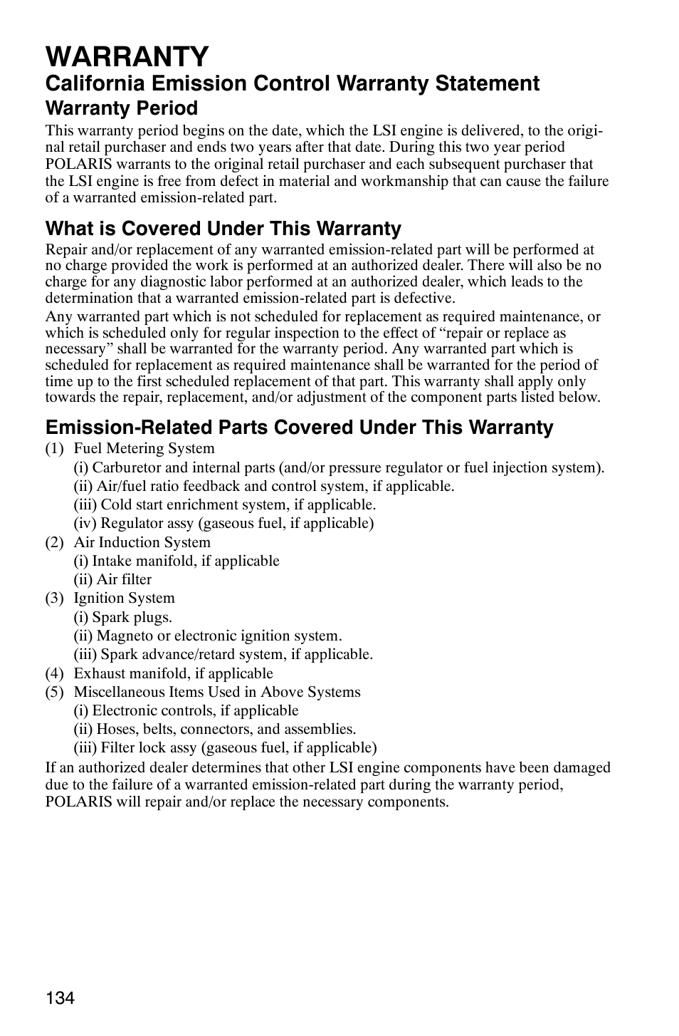 Warranty, California emission control warranty statement, Warranty period | What is covered under this warranty, Emission-related parts covered under this warranty | Polaris ATP 500 4x4 User Manual | Page 137 / 141