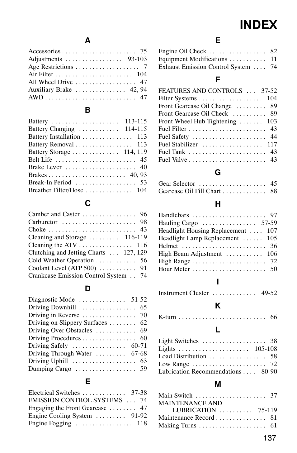 Index | Polaris ATP 500 4x4 User Manual | Page 140 / 141