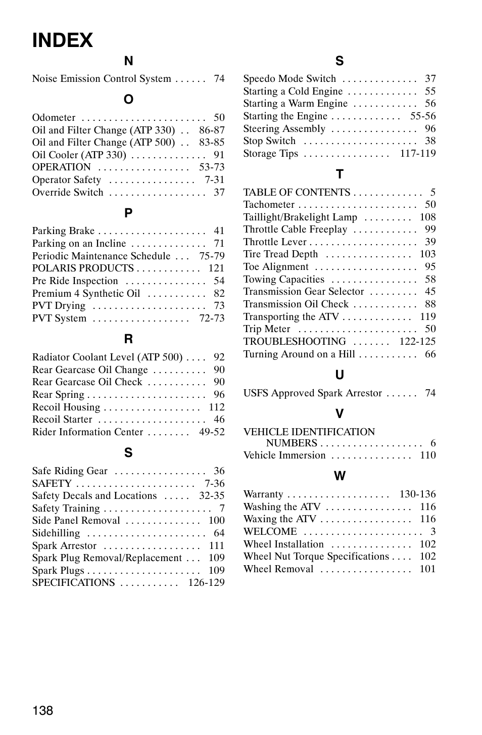 Index | Polaris ATP 500 4x4 User Manual | Page 141 / 141
