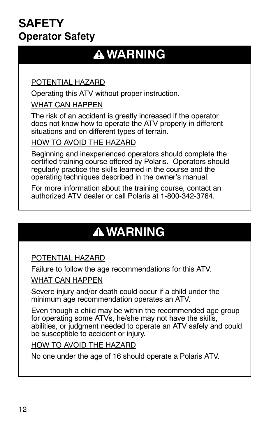 Warning, Safety, Operator safety | Polaris ATP 500 4x4 User Manual | Page 15 / 141