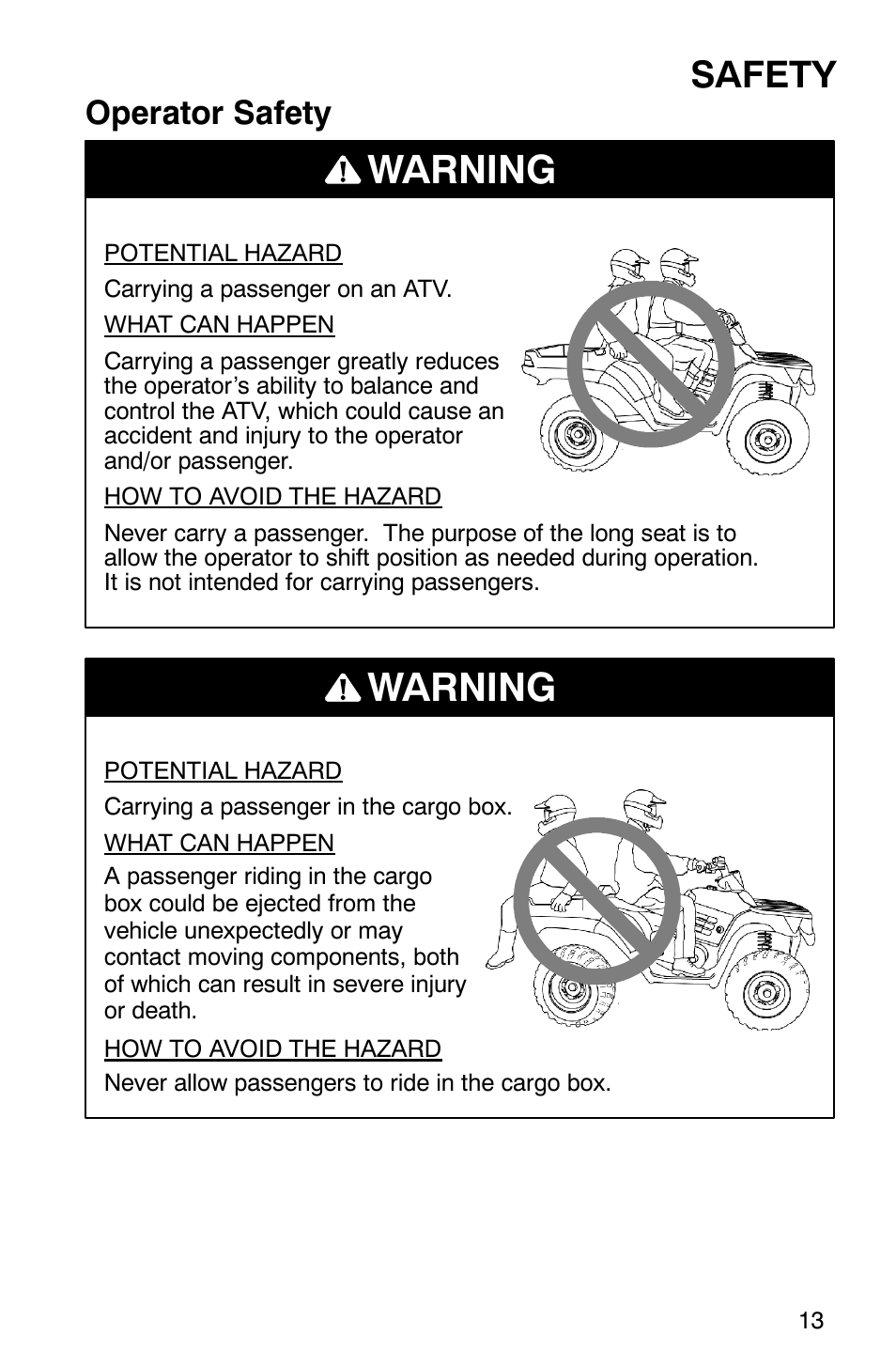 Warning, Safety, Operator safety | Polaris ATP 500 4x4 User Manual | Page 16 / 141
