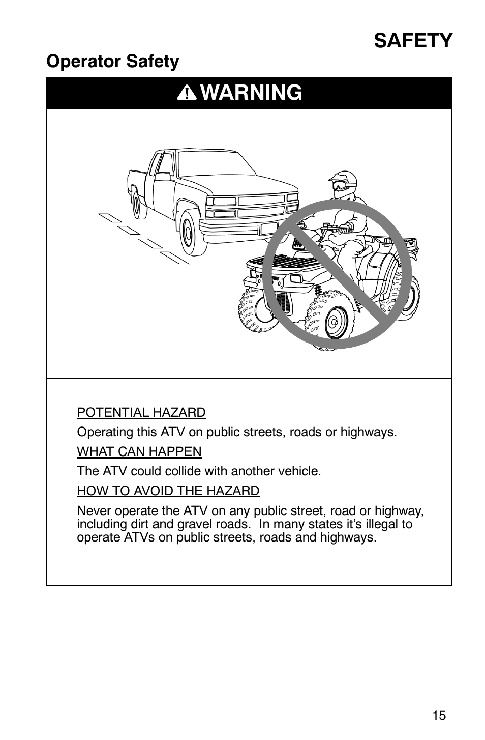 Warning, Safety, Operator safety | Polaris ATP 500 4x4 User Manual | Page 18 / 141