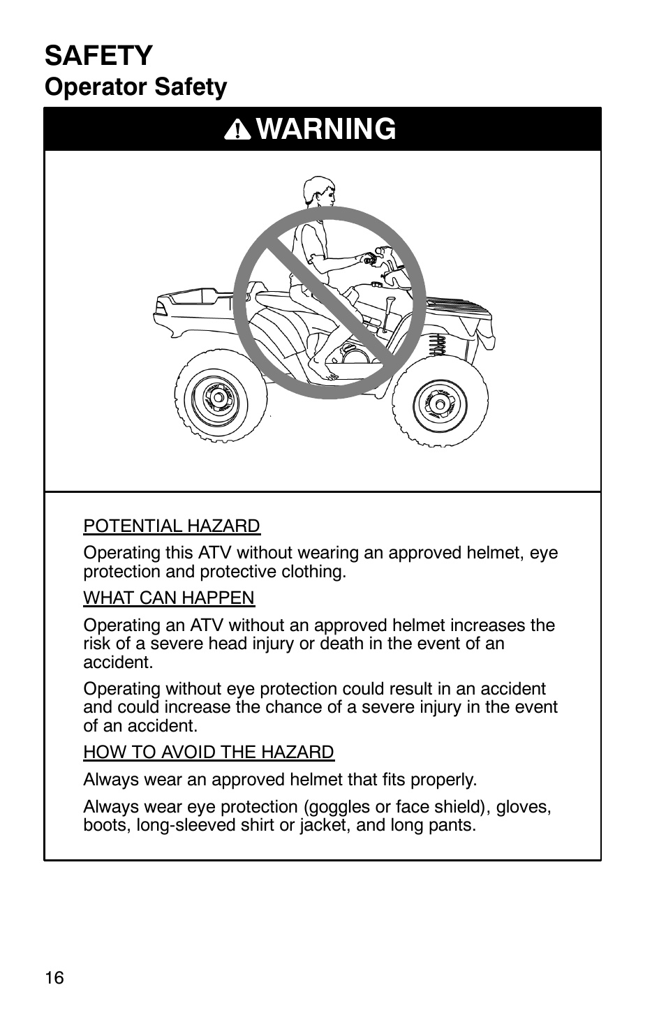 Warning, Safety, Operator safety | Polaris ATP 500 4x4 User Manual | Page 19 / 141