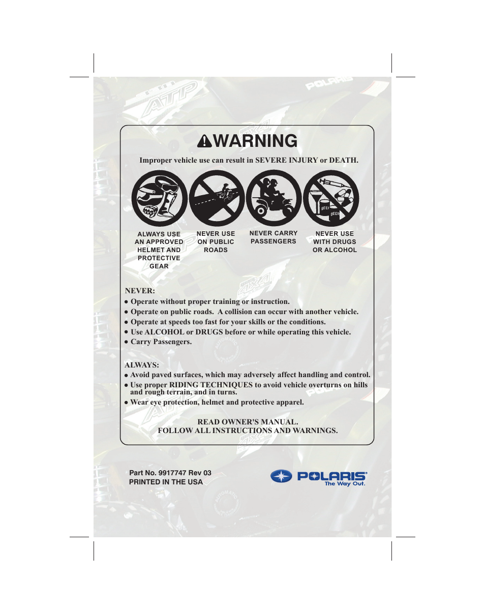 Warning | Polaris ATP 500 4x4 User Manual | Page 2 / 141