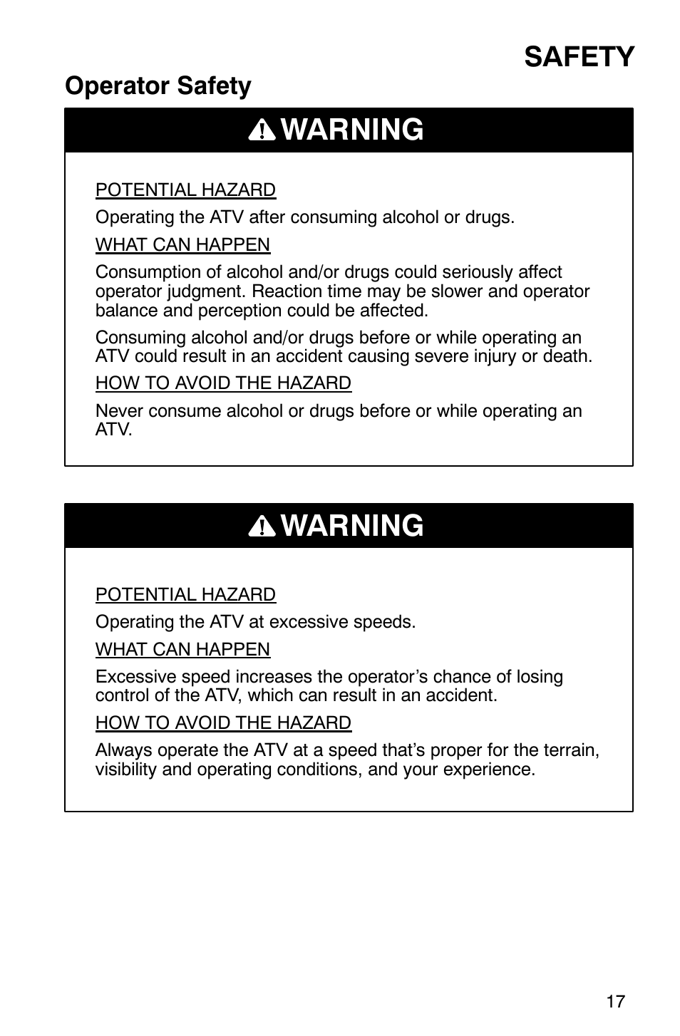 Warning, Safety, Operator safety | Polaris ATP 500 4x4 User Manual | Page 20 / 141