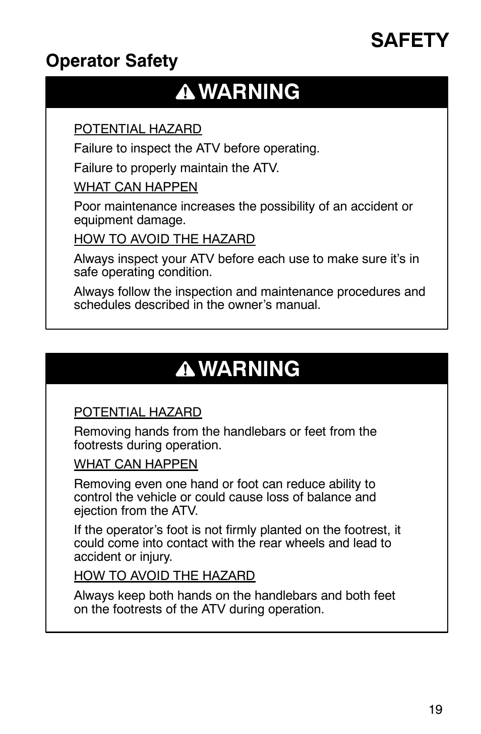 Warning, Safety, Operator safety | Polaris ATP 500 4x4 User Manual | Page 22 / 141