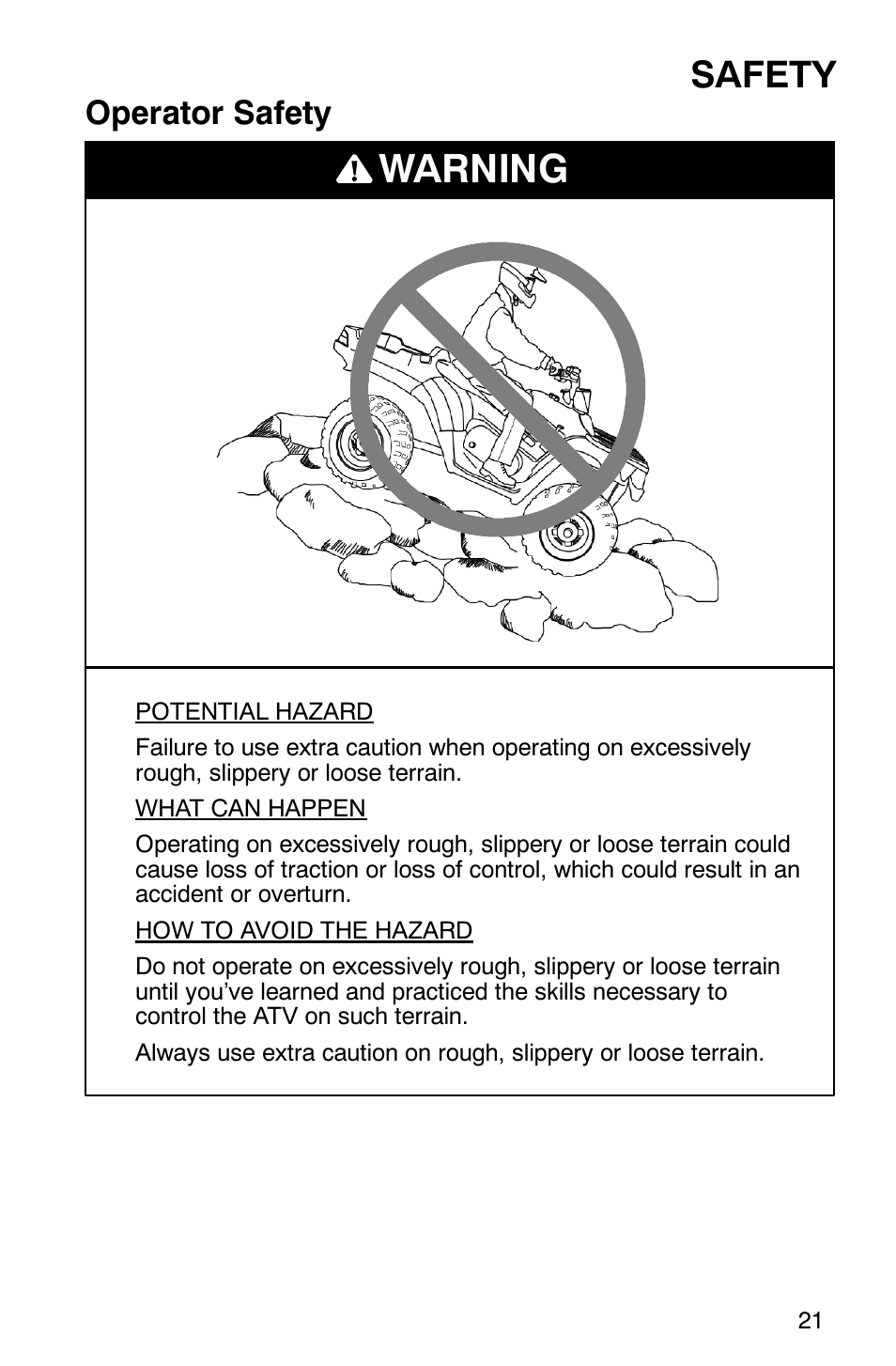 Warning, Safety, Operator safety | Polaris ATP 500 4x4 User Manual | Page 24 / 141