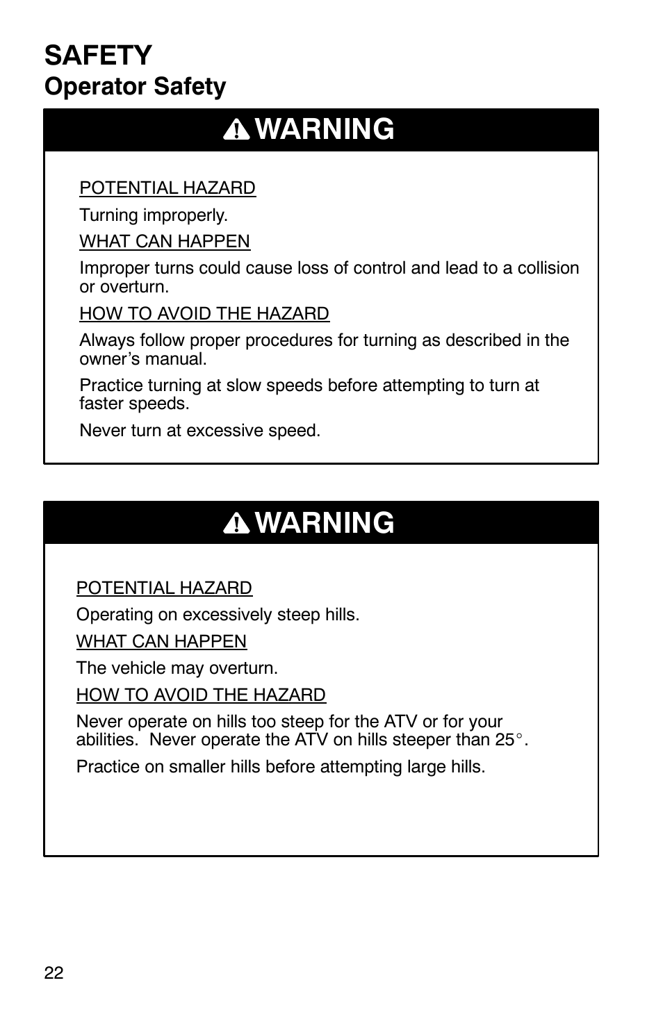 Warning, Safety, Operator safety | Polaris ATP 500 4x4 User Manual | Page 25 / 141