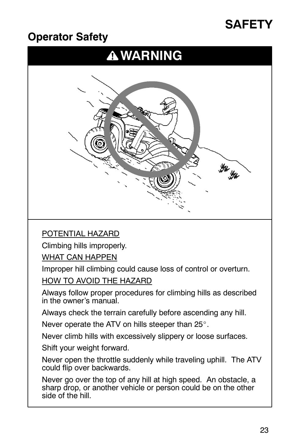 Warning, Safety, Operator safety | Polaris ATP 500 4x4 User Manual | Page 26 / 141