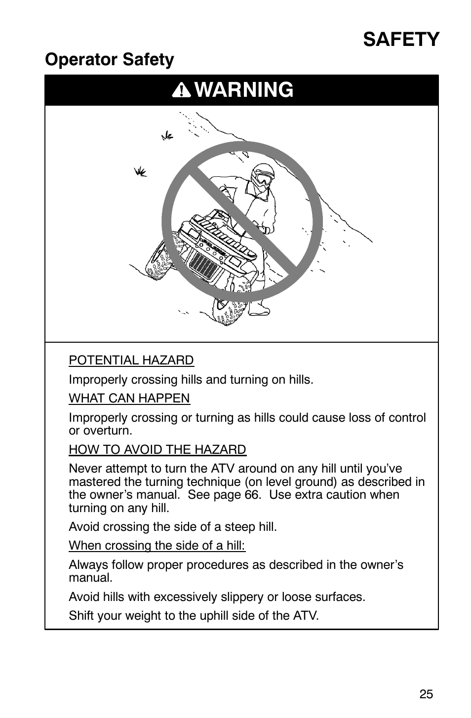 Warning, Safety, Operator safety | Polaris ATP 500 4x4 User Manual | Page 28 / 141
