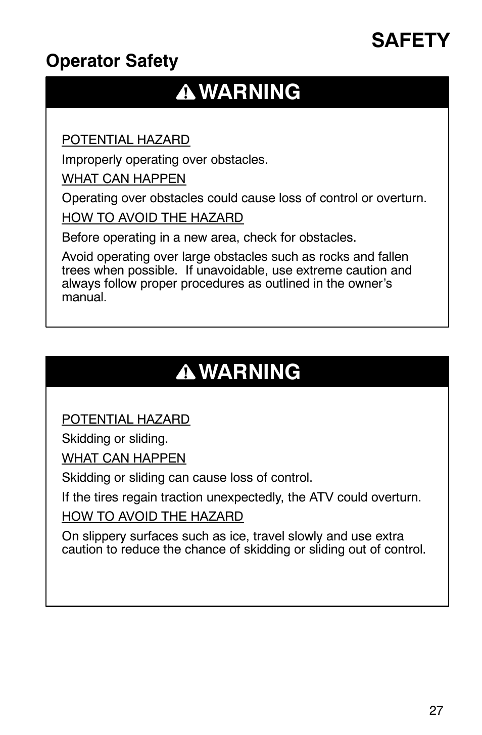 Warning, Safety, Operator safety | Polaris ATP 500 4x4 User Manual | Page 30 / 141