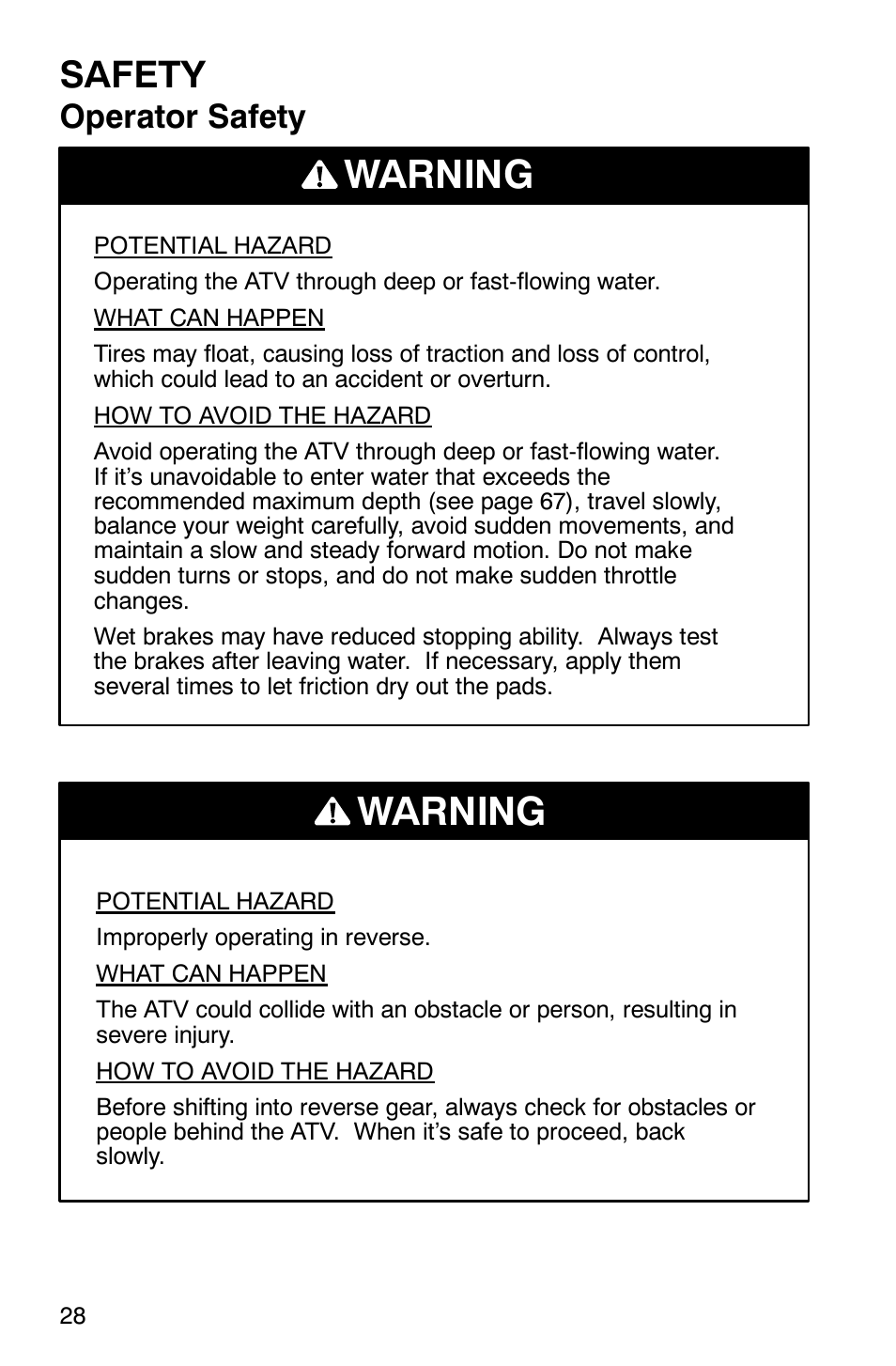 Warning, Safety, Operator safety | Polaris ATP 500 4x4 User Manual | Page 31 / 141