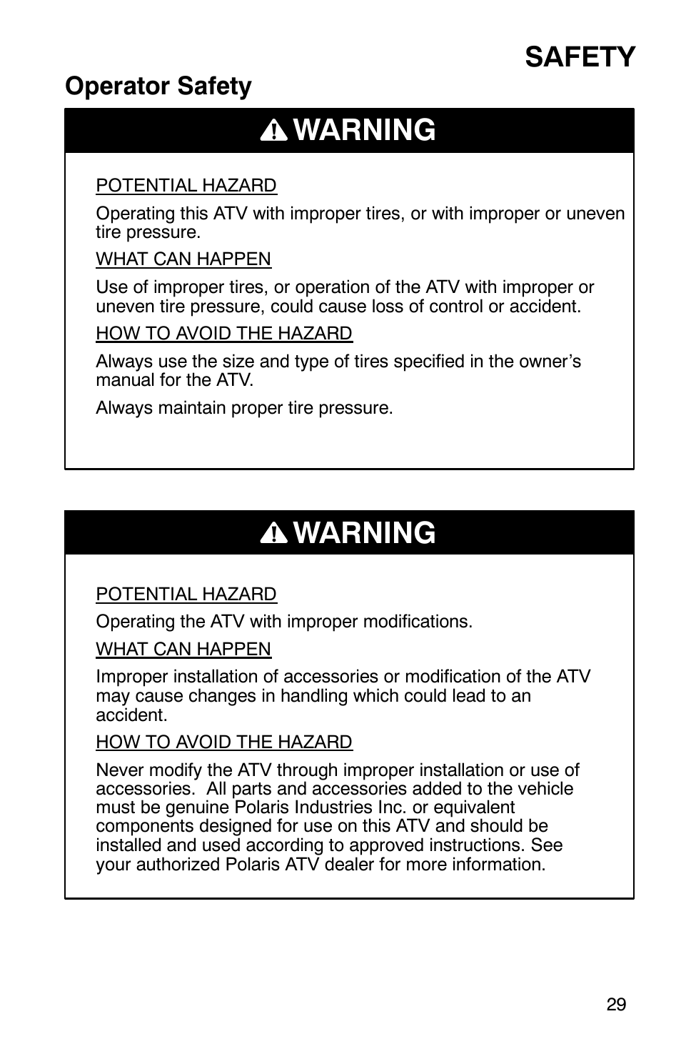 Warning, Safety, Operator safety | Polaris ATP 500 4x4 User Manual | Page 32 / 141
