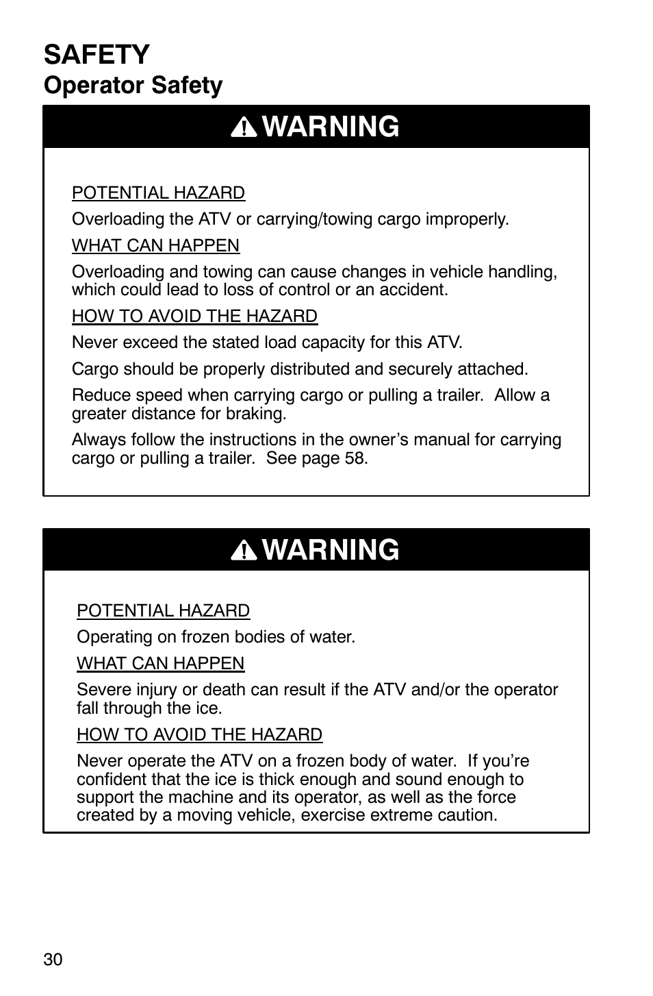 Warning, Safety, Operator safety | Polaris ATP 500 4x4 User Manual | Page 33 / 141