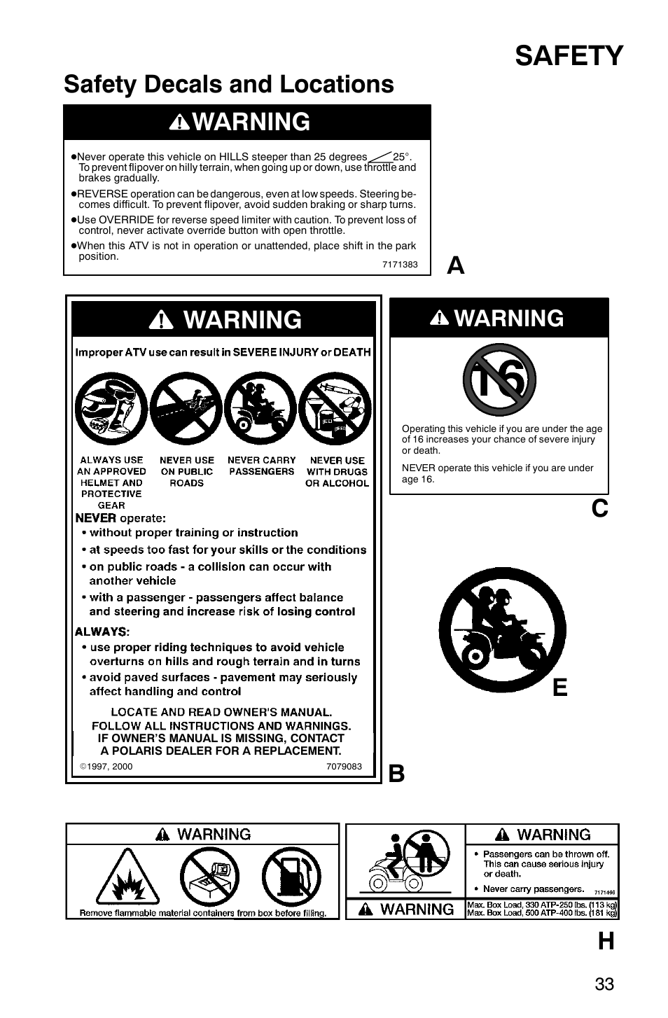 Safety, Safety decals and locations, Warning | Ch e | Polaris ATP 500 4x4 User Manual | Page 36 / 141