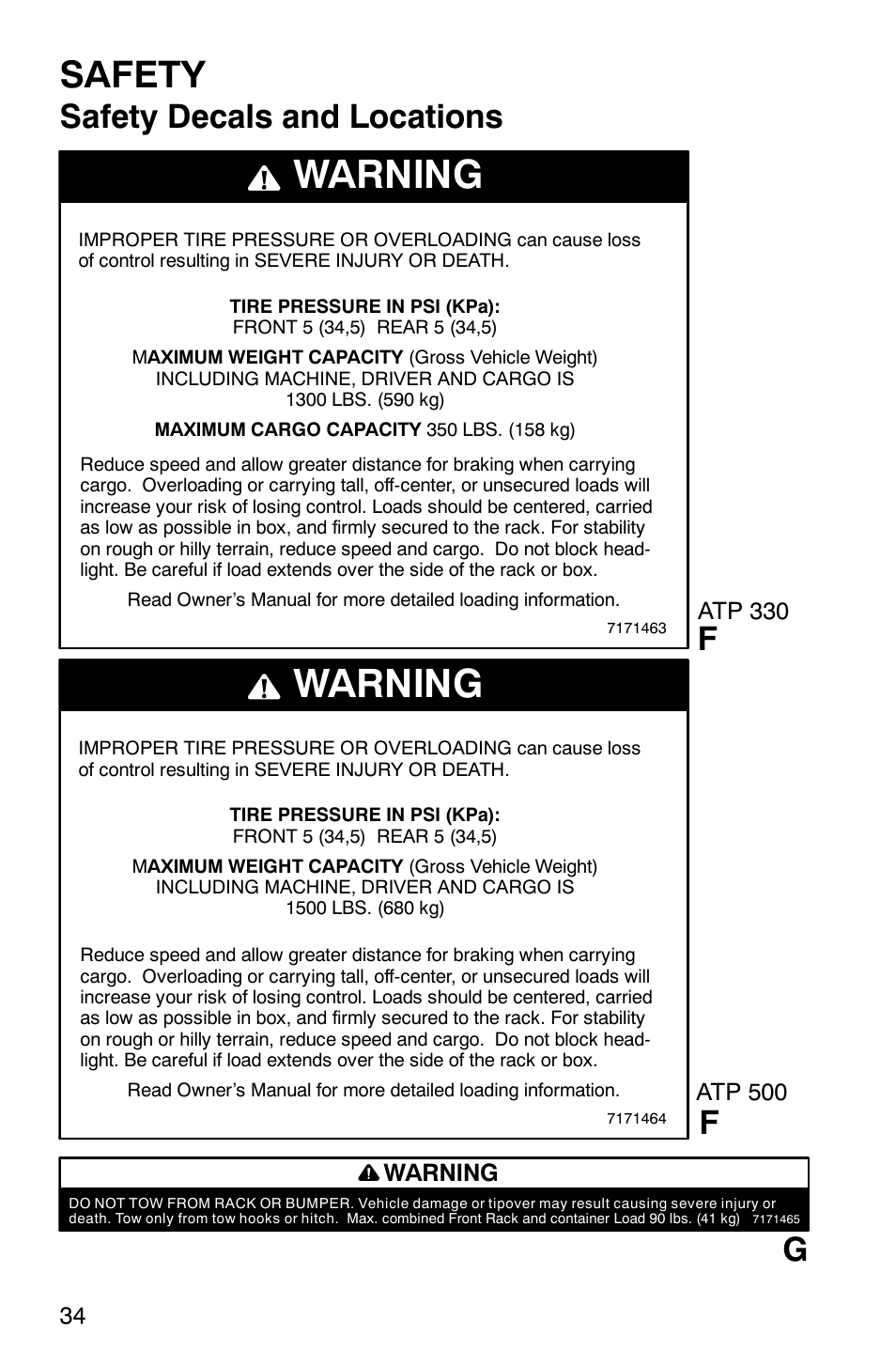 Warning, Safety, Safety decals and locations | Polaris ATP 500 4x4 User Manual | Page 37 / 141