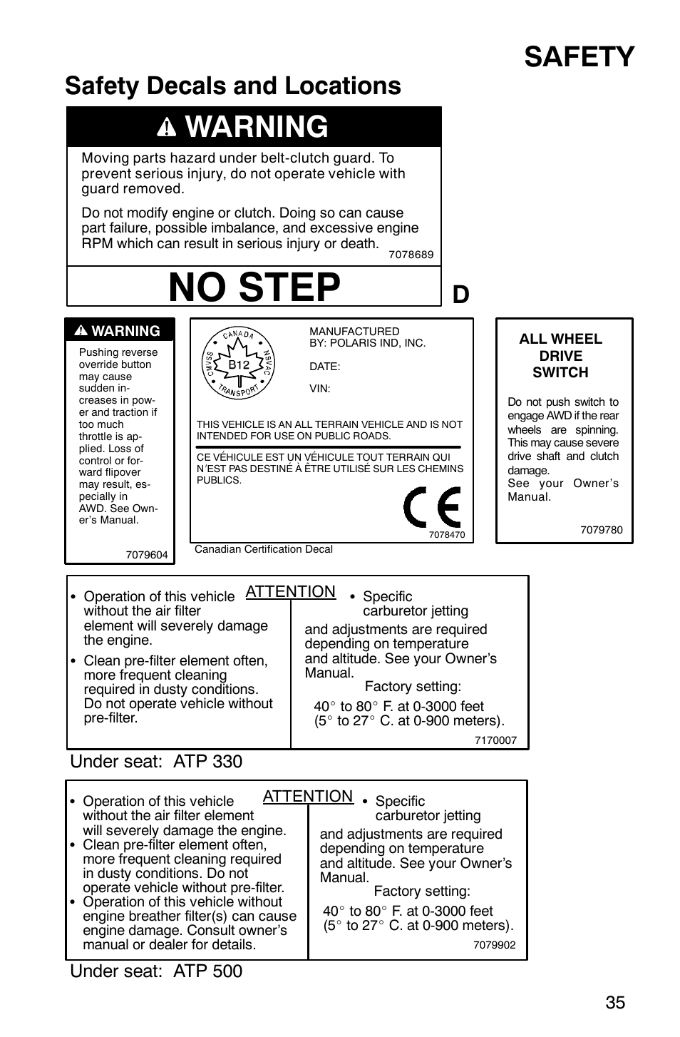 No step, Warning, Safety | Safety decals and locations, Under seat: atp 330, Under seat: atp 500 | Polaris ATP 500 4x4 User Manual | Page 38 / 141